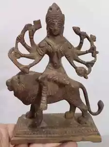 Antique Old Indian Ritual Tribal Brass Bronze of DURGA ON LION SHERAWALI Statue - Picture 1 of 4