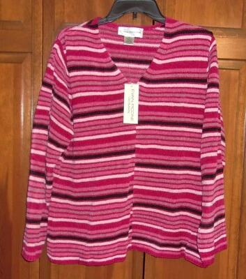 Suéter listrado Evan Picone feminino manga longa gola V rosa e vinho novo com etiquetas - GG-2X?? - Imagem 1 de 4