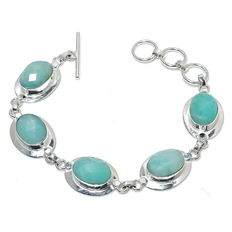 Brazalete de joyería de plata de ley 925 hecho a mano con piedras preciosas de amazonita tamaño 7-8" Foto 1 de 1