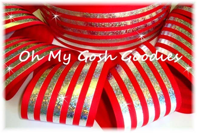 3" CLASSIC HOLOGRAM STRIPE RED SILVER GROSGRAIN RIBBON TICK TOCK FOR CHEER BOWS - Image 1 of 1