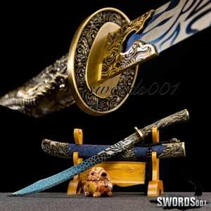 Kungfu Sword Ox-tailed Chinese Qing Dynasty Dao Dragon Broadsword Blue Blade - Picture 1 of 14