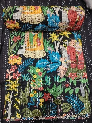 Black Floral Kantha Quilt Cotton Indian Handmade Bedspread Blanket Throw Quilt - Image 1 of 4