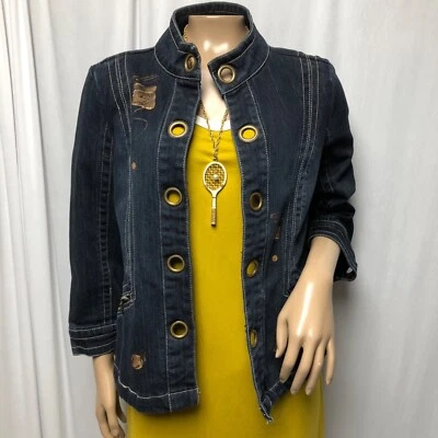 Live a Little Jean Jacket Womens Size Medium Cooper Painted Open Front Grommets - Image 1 of 4