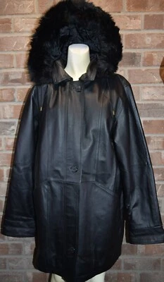 HANNAH кожаное пальто женщин L большой черный с капюшоном молнии 3 кнопки полный с подкладкой EUC - Изображение 1 из 4