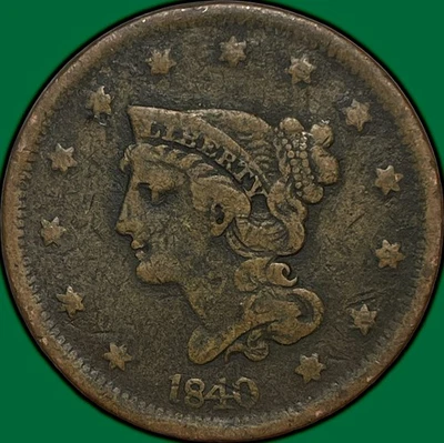 Moeda de 1840 grande data cabelo trançado centavo grande muito bom estado #29533 - Imagem 1 de 3