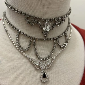 3 Vintage Rhinestone prong set Silvertone choker 15” & 17” necklace 8687 - Picture 1 of 13