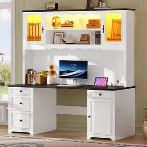 Executive Desk with Hutch & Drawers Computer Desk with Power Outlet & LED Lights - Picture 1 of 9