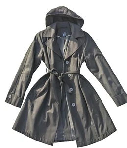 EAST5TH TRENCH COAT hooded RAIN JACKET Button up women's size M Black - Picture 1 of 12