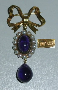 Gran Broche De 585er Oro Amarillo Con Amatista Y Perlas (da4161) - Imagen 1 de 2