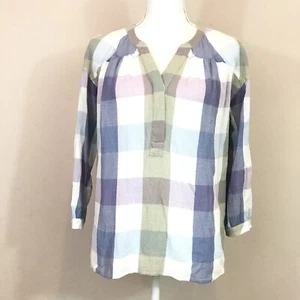 Vince Camuto Pastel Hazel Plaid Popover Henley Sheer Blouse Size XXS - Picture 1 of 8