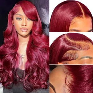 99J Burgundy 13x4 Body Wave Lace Frontal Wigs Brazilian Human Hair 180% Density - Picture 1 of 7