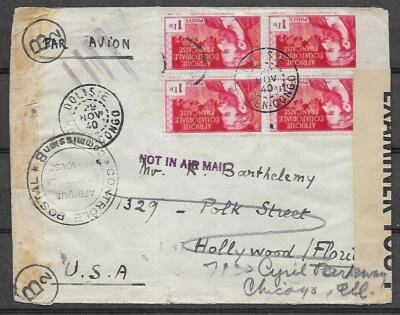 África Ecuatorial Francesa 1940 censurada cubierta aérea Dolisie a Hollywood / ¡matasellos! Foto 1 de 2