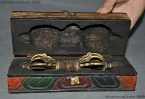 8"  Old Tibet Buddhism Tantra Bronze Dorje Phurpa Pestle Vajra FaQi Wood Box Set - Picture 1 of 12
