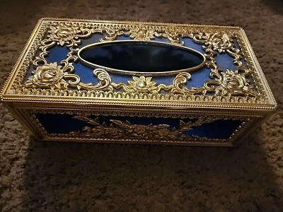 Vtg Hollywood Regency Tissue Box cover plastic ornate  Gold and Blue plastic - Image 1 of 4
