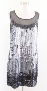 ABS Gray Silver Gunmetal Sequin Beaded Mesh Cocktail Party Dress Size 12 Flapper - Picture 1 of 9