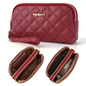 Women Leather Wallet Double Zipper Long Purse Phone Handbag Clutch with Wristlet - Picture 1 of 47