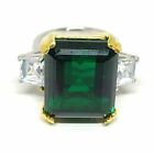 4Ct Emerald Lab Created Emerald & Diamond Three Stone Ring 14K To Ton Gold Over