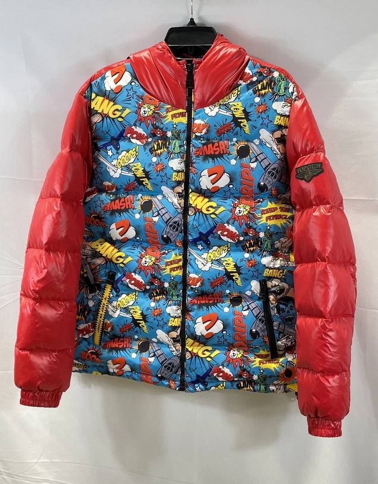 Top Gun 男式全新带标签红色漫画印花连帽羽绒夹克尺寸 2XL — 第 1/4 张图片