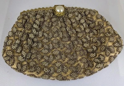Vintage 1940s French Hand-Beaded Evening Bag Purse Made in France Clasp Chain  - Image 1 of 4