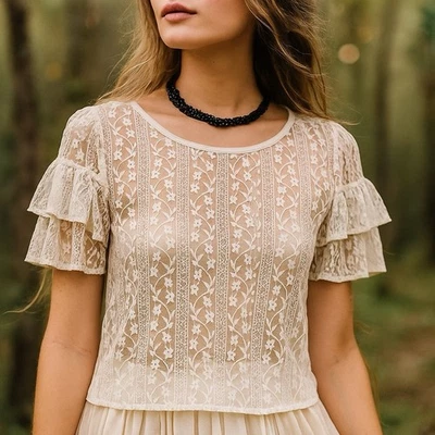 BCBG Camisa Blusa Hada Transparente Encaje Marfil Femenino Angélico Y2K Bebé Muñeca Talla XS Foto 1 de 4