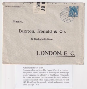 Octubre 1914 Primera Guerra Mundial Cubierta Etiqueta Censora Inusual Británica Uso La Haya a Londres - Imagen 1 de 4