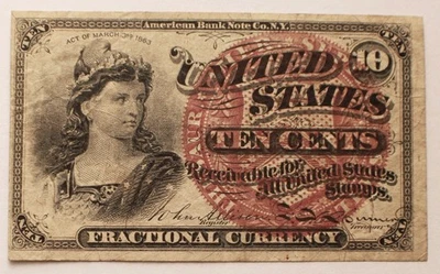 US Fractional Currency 10 Cents Note - XF, American Bank Note Co. NY - Image 1 of 2