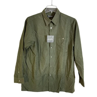 Camisa Brandini Para Hombre Grande Verde Microfibra Sólida Manga Larga Botón Delantero Foto 1 de 4