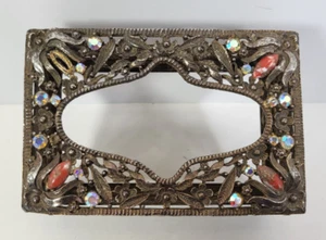 1960s Tissue Box Holder Gold Filligree Footed Jeweled Vanity Small Rectangle - Picture 1 of 9