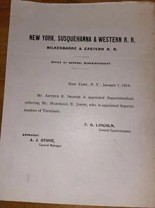 New York, Susquehanna, & Western Railroad (Superintendent Letter) (Jan 1914) - Picture 1 of 4