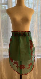 Apron Vintage 1960's Christmas Lot 2 Green w/ Red Flocked Poinsettias & Bell’s - Picture 1 of 12
