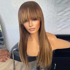 Blonde Highlight Human Hair Wig With Bangs Wear And Go Full Machine Made O Scalp - Picture 1 of 11