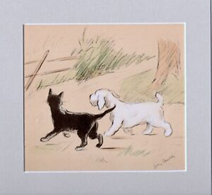 Lucy Dawson ~ Sealyham Terrier & Cat ~ Hand Coloured  Genuine Vintage 1938