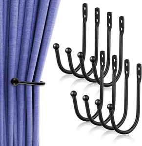 8 Pcs Black Metal U Shaped Curtain Pull Backs - Wall Mounted Curtain Hooks with - Picture 1 of 12