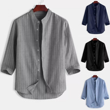 Men's Spring Loose Fashion Striped Collar Linen Casual Button-Up Shirt Top Tee