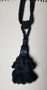 Drapery Tie-Back Elegant Cord Tassel Fringe Black French Twist Rope 28" - Picture 1 of 8