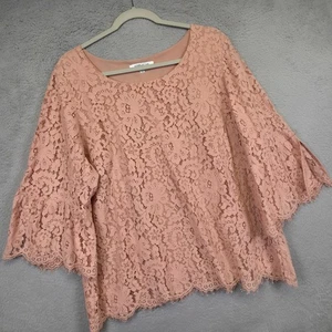 Rose and Olive Top Women 2X Pink Bell Sleeve Floral Lace Scalloped Romantic Boho - Picture 1 of 14