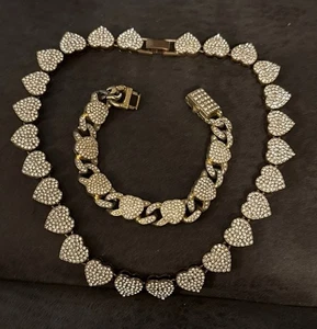 Iced Herzform CZ Tennis Kette goldfarben Halskette & Armband Hip Hop Schmuck - Bild 1 von 3