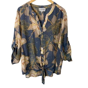 Alex & Parker Large Floral Print Top Crinkled Tie Front Metallic Detail Plus 2XL - Picture 1 of 10