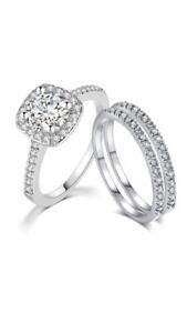 White Gold Plated CZ Three Piece Wedding Engagement Ring Set Bridal Band
