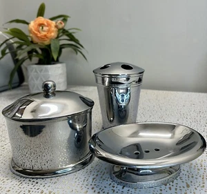 Vintage 3pc Heavy Metal Silver Bathroom Accessories Set Made In India Shiny - Picture 1 of 24