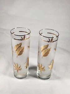 VINTAGE LIBBEY GOLD LEAF DESIGN 2 TOM COLLINS FROSTED GLASSES 7 " TALL. - Picture 1 of 12