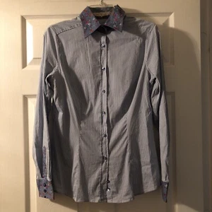 ETRO Milano Italy Shirt Womens Sz 46 Blue Pink Floral & Striped Button Down - Picture 1 of 9