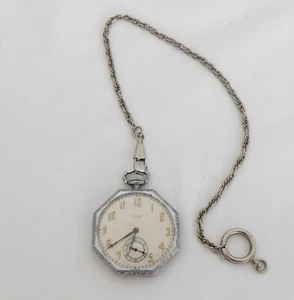 ELGIN 12 SIZE 17 JEWEL OCTAGONAL SHAPED FANCY CASED POCKET WATCH WITH 12'' CHAIN - Picture 1 of 6