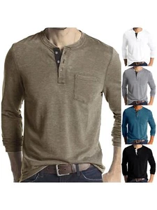 Mens Long Sleeve T-shirt Henley Button Plain Grandad Neck T-shirt Top Causal Tee - Picture 1 of 18