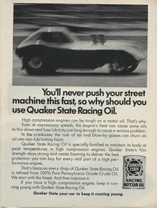 1970 Print Ad Quaker State Racing Motor Oil 100% Pure Pennsylvania Grade Crude - Picture 1 of 2