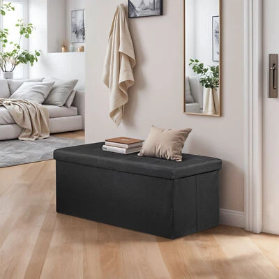 Banco otomano duradero de 43" de largo banco de almacenamiento cofre taburete de comida 8 costuras negro Foto 1 de 4