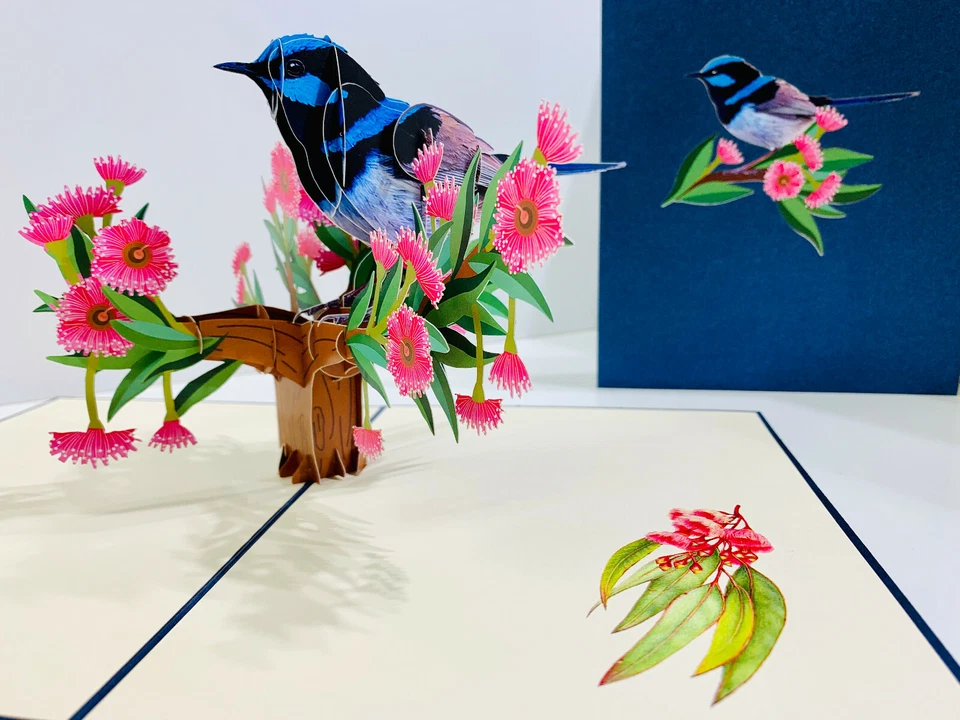Tarjetas pop de origami. Tarjeta de felicitación emergente Fairy Blue Wren Bird 3D. "Día de la Madre" Foto 1 de 4