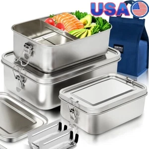 Stainless Steel Bento Box 3 Pack Leak Proof Food Containers Insulated Lunch Bag - Picture 1 of 8