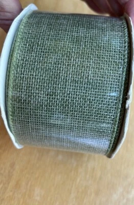 Sage Green Burlap Wired Ribbon 2.5" Wired Edge New 10 Yd - Image 1 of 4