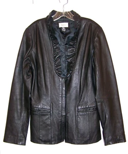 NEIMAN MARCUS EXCLUSIVE Black 100% Leather Ruffled Collar Jacket Coat Size S - Picture 1 of 9
